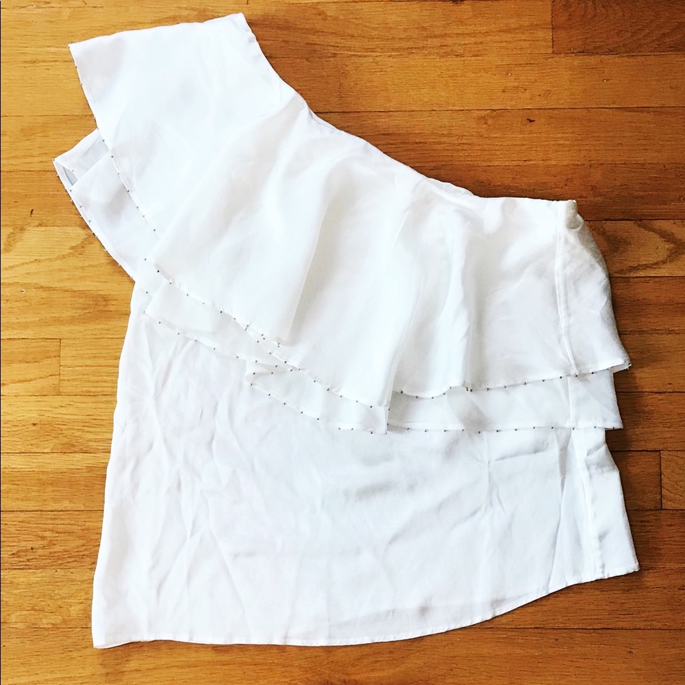 Willow & Clay One Shoulder Ruffle Top White Beads - Picture 3 of 6
